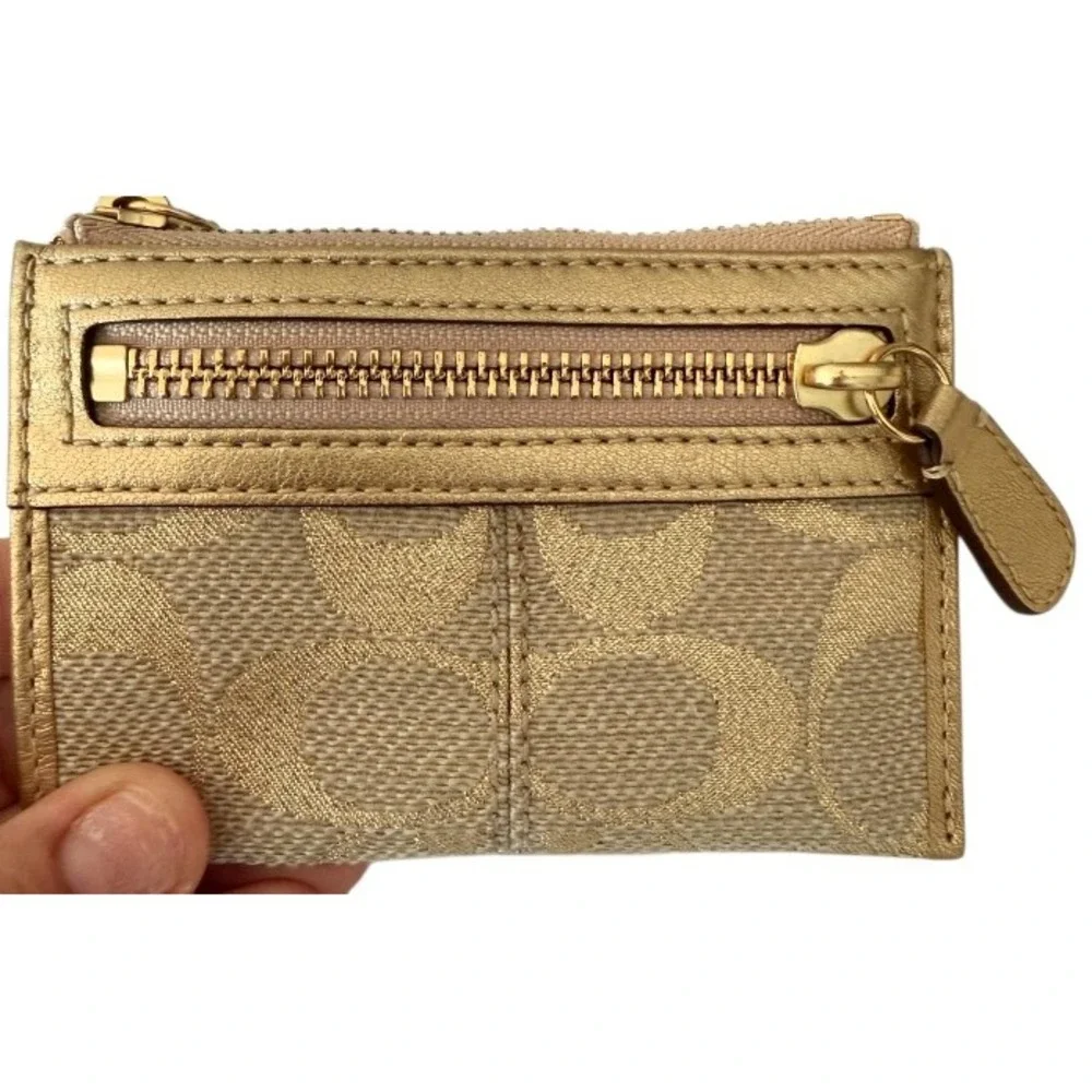 Coach Signature Lurex Gold Jacquard Zip Card Case Coin Purse Keychain Wallet